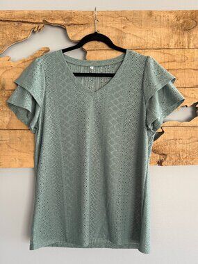 Women’s V-Neck Ruffled Sleeve Top, Green, Large